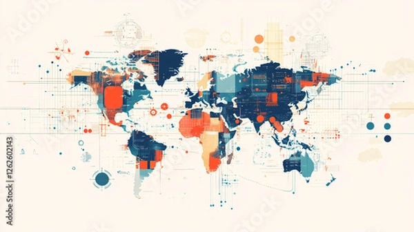 Fototapeta A creative abstract world map featuring colorful geometric shapes and data patterns blending digital aesthetics with modern cartography
