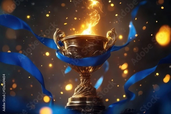 Fototapeta majestic golden trophy emanating victory with floating blue ribbons and dramatic spotlighting