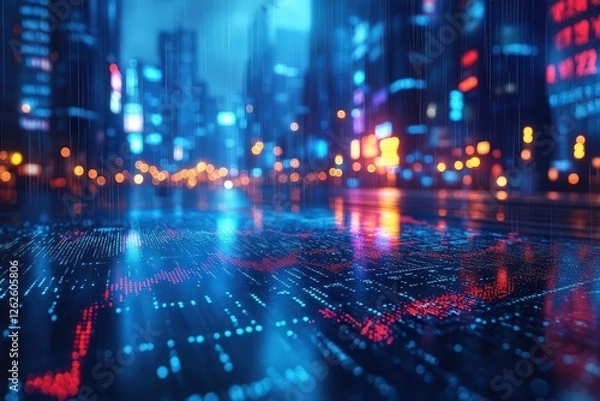 Fototapeta layered cityscape silhouette merged with stock market data visualization corporate blue color scheme with glowing elements