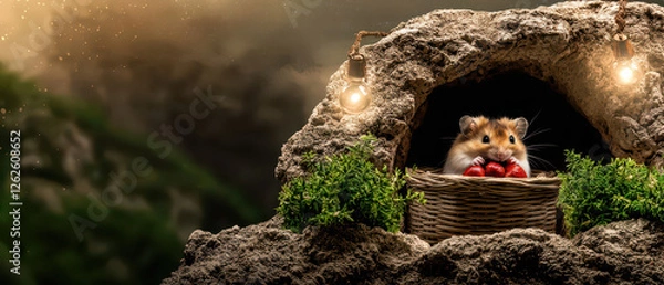 Fototapeta A cute hamster sits in a basket inside a cozy rocky den, surrounded by greenery and soft lighting, creating a warm, enchanting atmosphere.