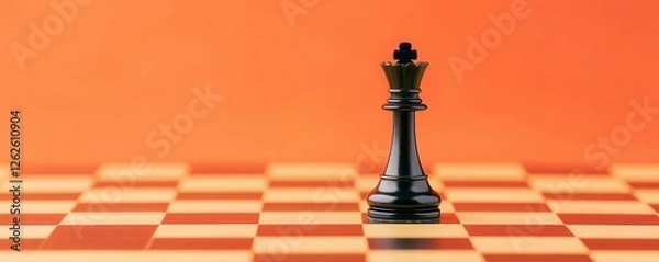 Fototapeta Key success think big. A solitary black king chess piece stands on a checkered board against a vibrant orange background, symbolizing strategy and competition.