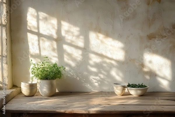 Fototapeta a rustic farmhouse kitchen with weathered wooden table, soft morning light streaming through window, casting delicate shadows on textured white stucco wall, fresh herbs and ceramics