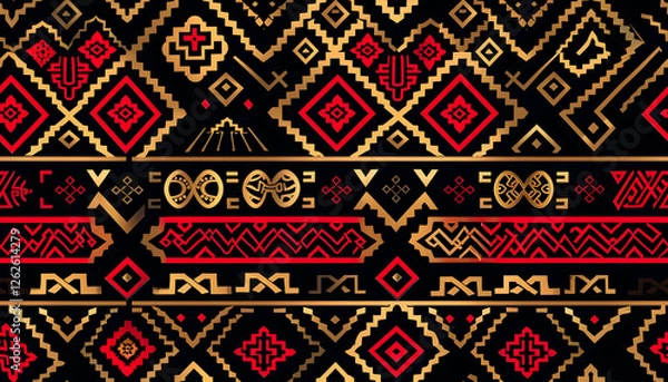 Fototapeta A vibrant geometric pattern featuring red and gold designs on a black background.
