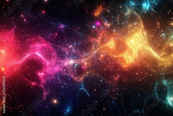 Fototapeta abstract digital network visualization, interconnected glowing nodes with dynamic flowing lines, deep space background with vibrant colors