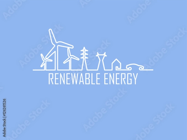 Fototapeta mono line illustration vector of home electricity renewable energy power system consist of renewable energy wind turbine, transmission tower, house and electric vehicle