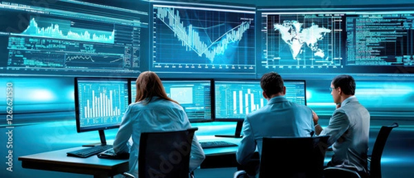Fototapeta A modern workspace featuring professionals analyzing financial data on multiple screens, showcasing graphs and charts against a tech-savvy backdrop.