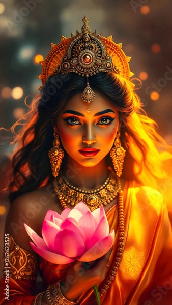 Fototapeta Goddess Lakshmi holding a pink lotus, radiates divine energy. Warm golden lighting illuminates her, creating a mystical and ethereal atmosphere