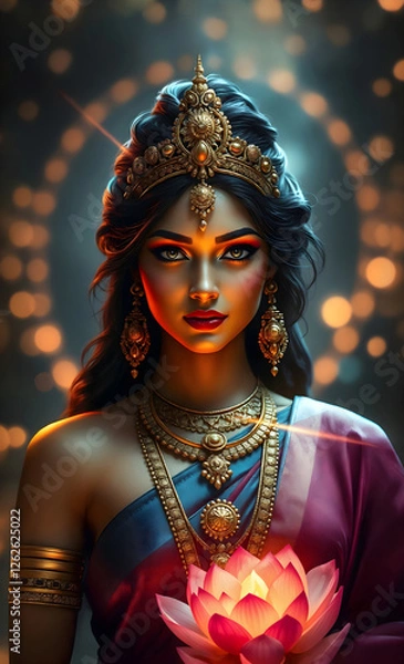 Fototapeta Portrait of Hindu Goddess Lakshmi holding in her hands glowing pink lotus against mystical background with bokeh lights