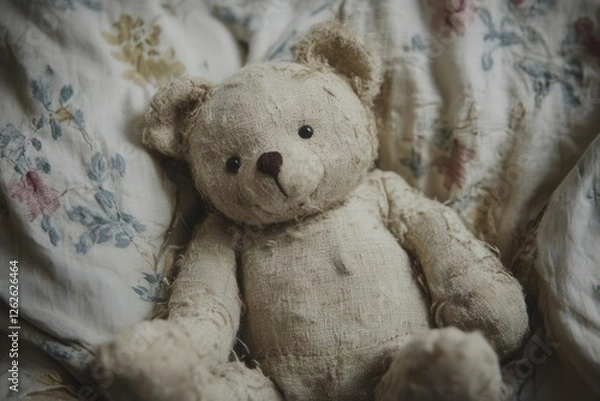 Fototapeta charming vintage-style teddy bear with worn fabric texture, soft lighting, nostalgic mood, professional studio photography