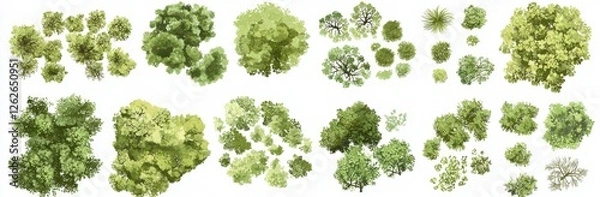 Fototapeta A modern tree top view, isolated on a white background, designed for landscape plans and architectural layouts, ideal for garden and environmental elements.