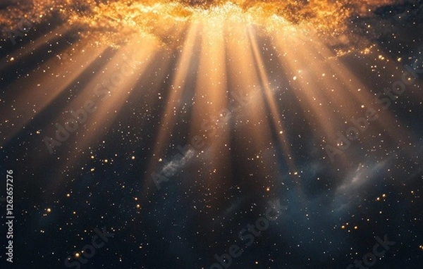 Fototapeta In a blurred image, a shiny sun and its sunbeams and sunrays form a sunshine design. The design is infused with a yellow and orange warm light effect, showing golden beams isolated on a black