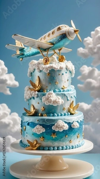 Fototapeta A three-tiered aviation-themed cake with vintage airplane topper and adorned with frosting fluffy clouds and golden birds. Cake design as a work of baking art