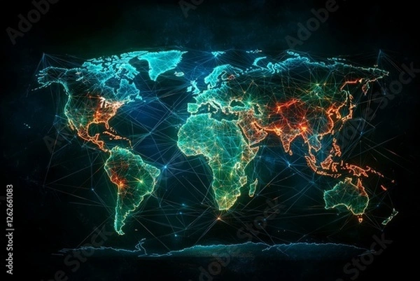 Fototapeta Global Supply Chain Network Visualized with Glowing Connections