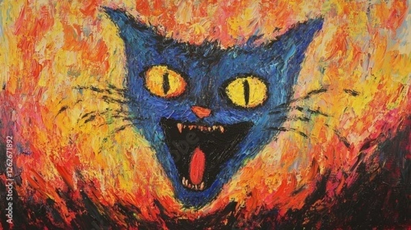Fototapeta Vibrant blue cat head roaring against a fiery orange and yellow background in an expressive painting style