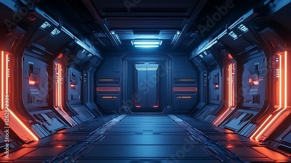 Fototapeta Futuristic Spaceship Corridor With Neon Lights And Elevator