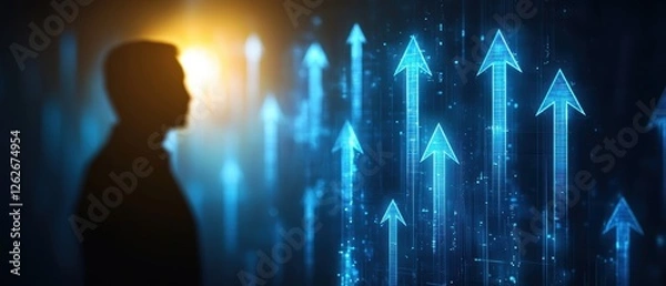 Obraz A silhouette of a person stands against a digital backdrop featuring glowing upward arrows, symbolizing growth and progress in technology.