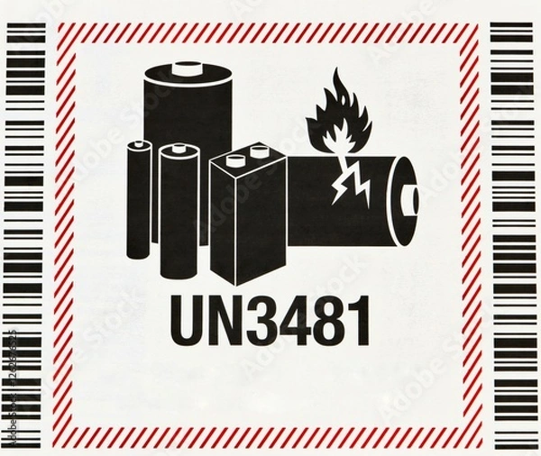 Fototapeta UN3481 Lithium ion battery warning Sticker closeup safety instructions.