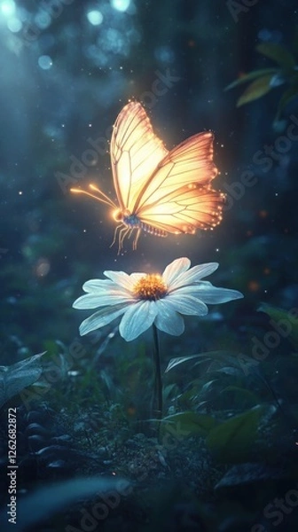Fototapeta Butterfly dances with a glowing aura above a delicate flower in a mystical forest