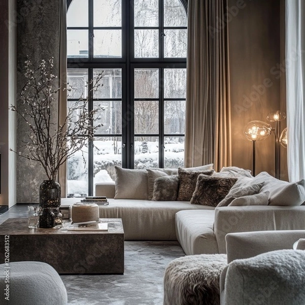 Obraz Elegant living room interior with large window and winter view