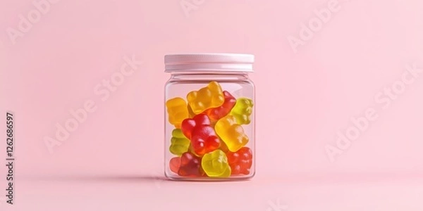 Fototapeta A clear glass jar filled with colorful gummy bears sits against a soft pink background, creating a playful and inviting visual.