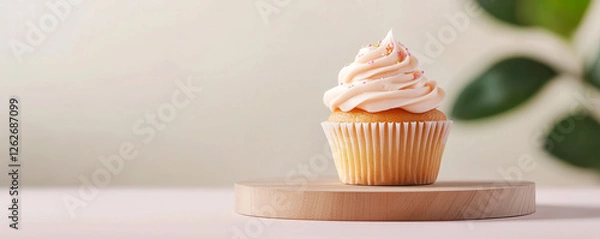 Fototapeta A delicious cupcake topped with creamy frosting sits on a wooden stand against a soft, neutral background with green foliage.