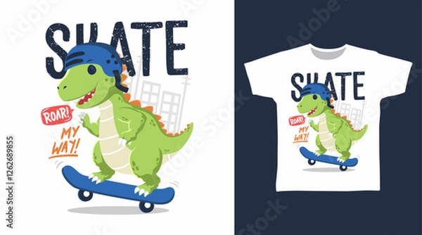 Fototapeta Cool dinosaur play skateboard hand drawn, vector ready for print on t shirt and other uses