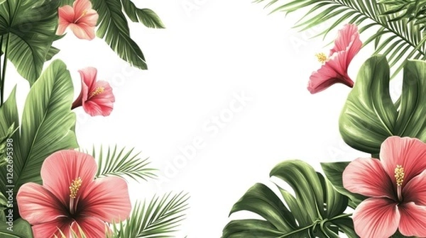 Obraz Tropical flowers frame, white background, summer design, website banner