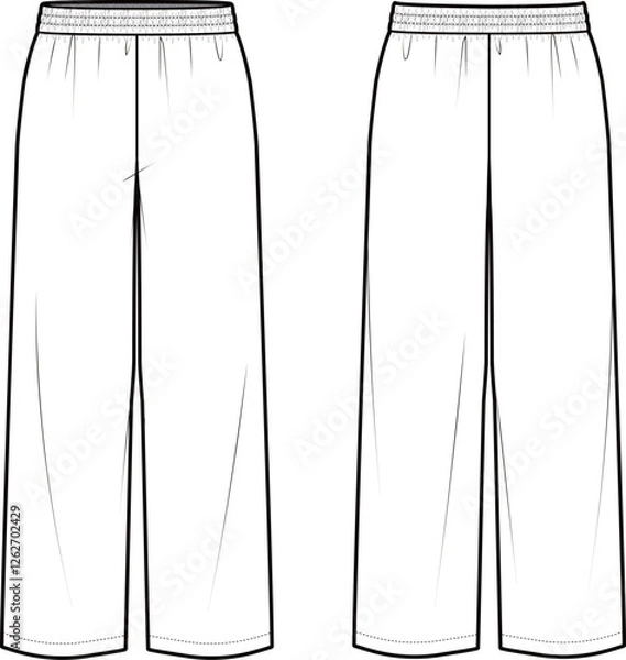 Obraz Technical flat sketch of Wide pants. Elasticated waistband sweatpants. Shirring detailed pull-on pants. Vector mock up Template. 