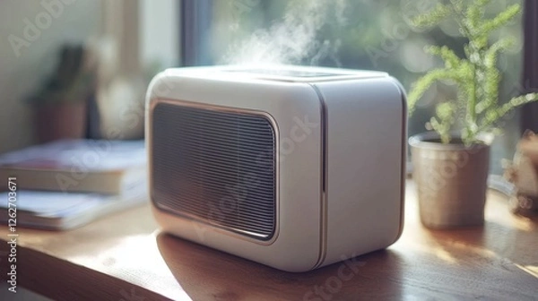 Obraz Modern indoor air purifier emitting vapor near a sunlit window with plants in the background
