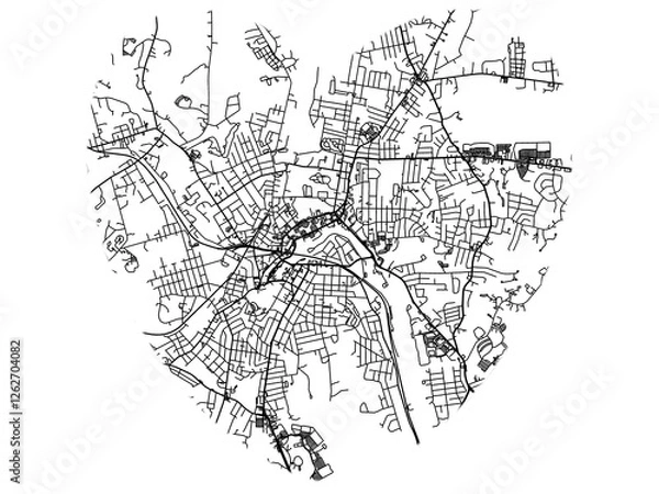 Fototapeta Heart-Shaped City Map of Woonsocket Rhode Island, USA - Black & White High-Resolution Design