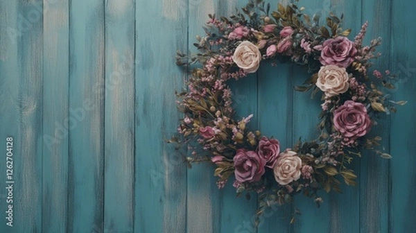 Fototapeta A spring flower wreath garland with colorful blossoms and greenery on an old rustic blue and green wood background, perfect for spring celebrations or rustic home decor.