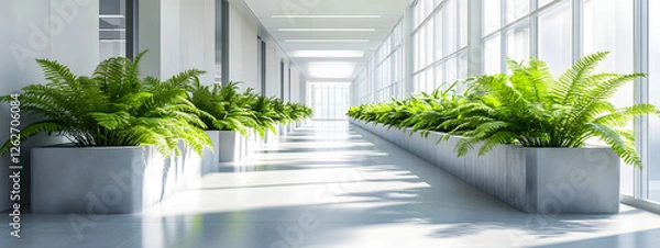 Fototapeta A long, bright hallway in an office building with ferns growing on the sides of gray concrete planters
