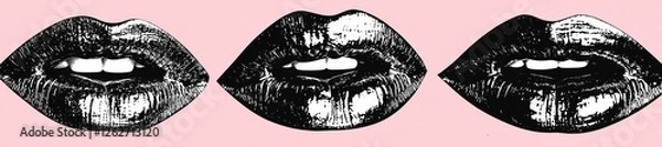Fototapeta In a mixed media design, a woman's lips are shown kissing, rendered as retro halftone collage cutouts. The close-mouthed kiss is textured with halftone dots in a pop art style. This modern