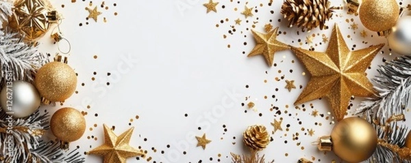 Fototapeta A gold sparkle splattered border with randomly placed gold stars as luxurious sparkling confetti