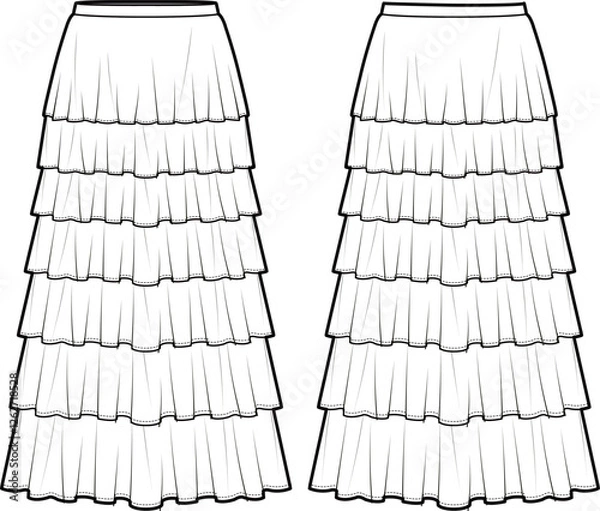 Obraz Technical flat sketch of Tiered long skirt. Layered maxi skirt with flounce hem. Vector mock up Template. 