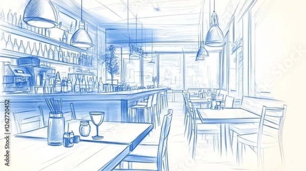 Fototapeta A blue drawing of a restaurant with a lot of food and drinks. Scene is casual and relaxed