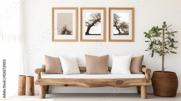 Obraz Rustic Wood Log Bench White Wall Art