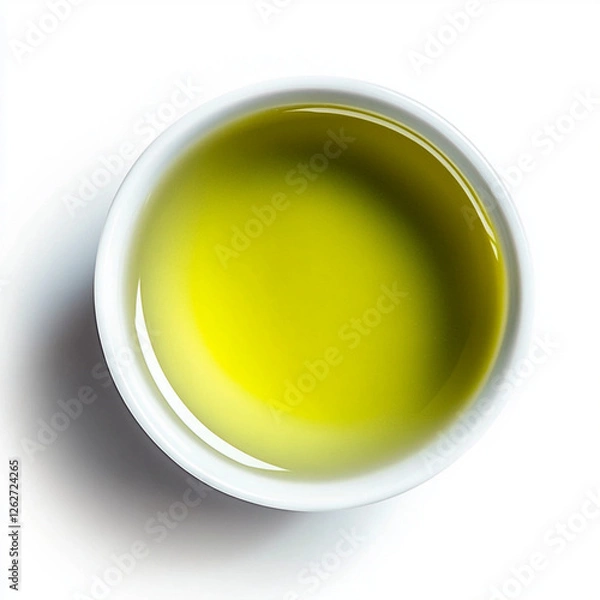 Obraz A professional studio shot of a close-up of a cup of green tea on a flat, pure white background. Top view