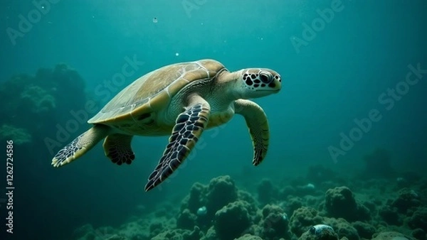 Fototapeta A sad sea turtle swimming near a plastic bag floating in the ocean