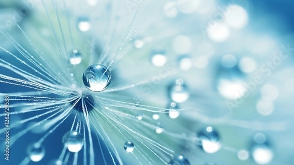 Fototapeta Macro shot of dew drops on dandelion seed