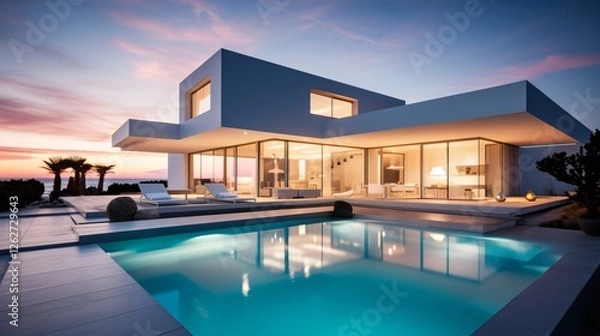 Fototapeta Modern Minimalist Cubic Villa with Swimming Pool