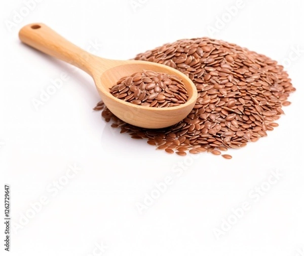 Fototapeta Heap of Flax Seeds on Wooden Spoon isolated on White