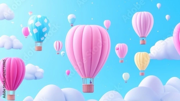 Fototapeta Colorful Hot Air Balloons Floating Among Soft White Clouds