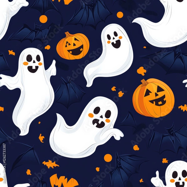 Fototapeta A funny Halloween ghost pattern with friendly ghosts playing with bats and pumpkins