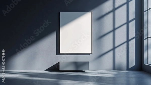 Fototapeta A sleek grey gallery room with a decorative drawer and mockup frame on the wall, ideal for showcasing interior design concepts and modern decor.