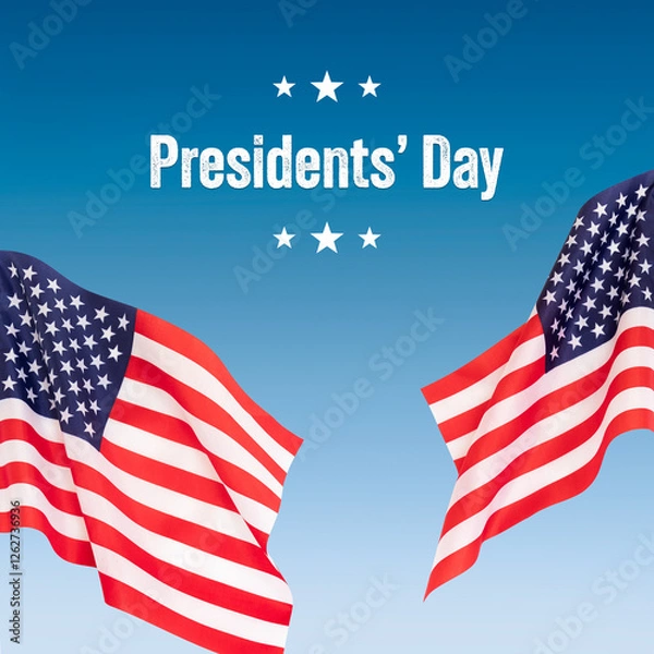 Obraz Square size banner, national flags of usa waved on clean blue sky background and white text Presidents day, patriotic american themed 