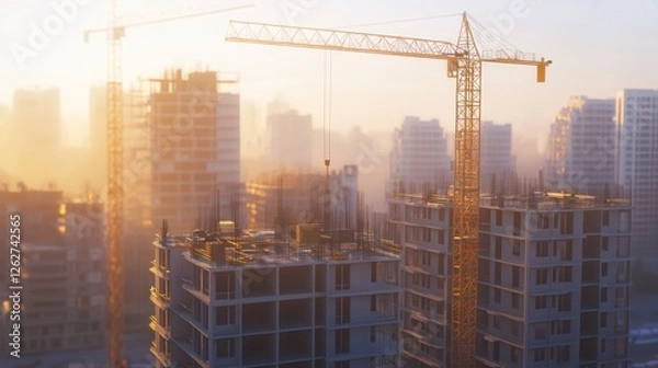 Fototapeta Construction progress in a bustling city during sunrise with cranes towering over the skyline. Generative AI
