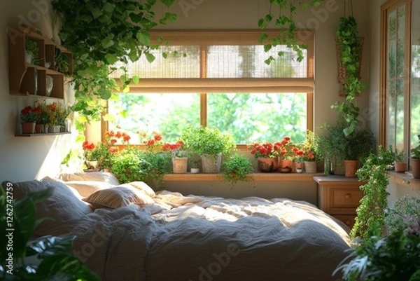 Fototapeta Cozy bedroom filled with plants and natural light creating a serene atmosphere in a sunny home