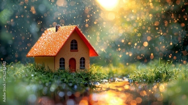 Fototapeta This image captures a charming miniature house, adorned with raindrops and warm glowing lights, surrounded by a soft, bokeh background evoking a cozy, magical atmosphere.