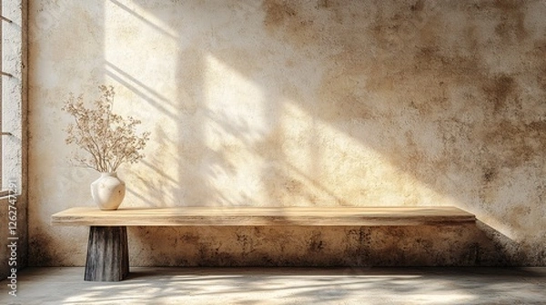 Obraz Wooden table mockup on a stucco background, with a window shadow on the wall, featuring beige earthy tones for a warm, inviting atmosphere.